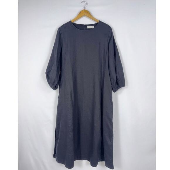 Everlane Women's The Linen A-Line Midi Dress Size 10 Black Puff Sleeve - Picture 2 of 16